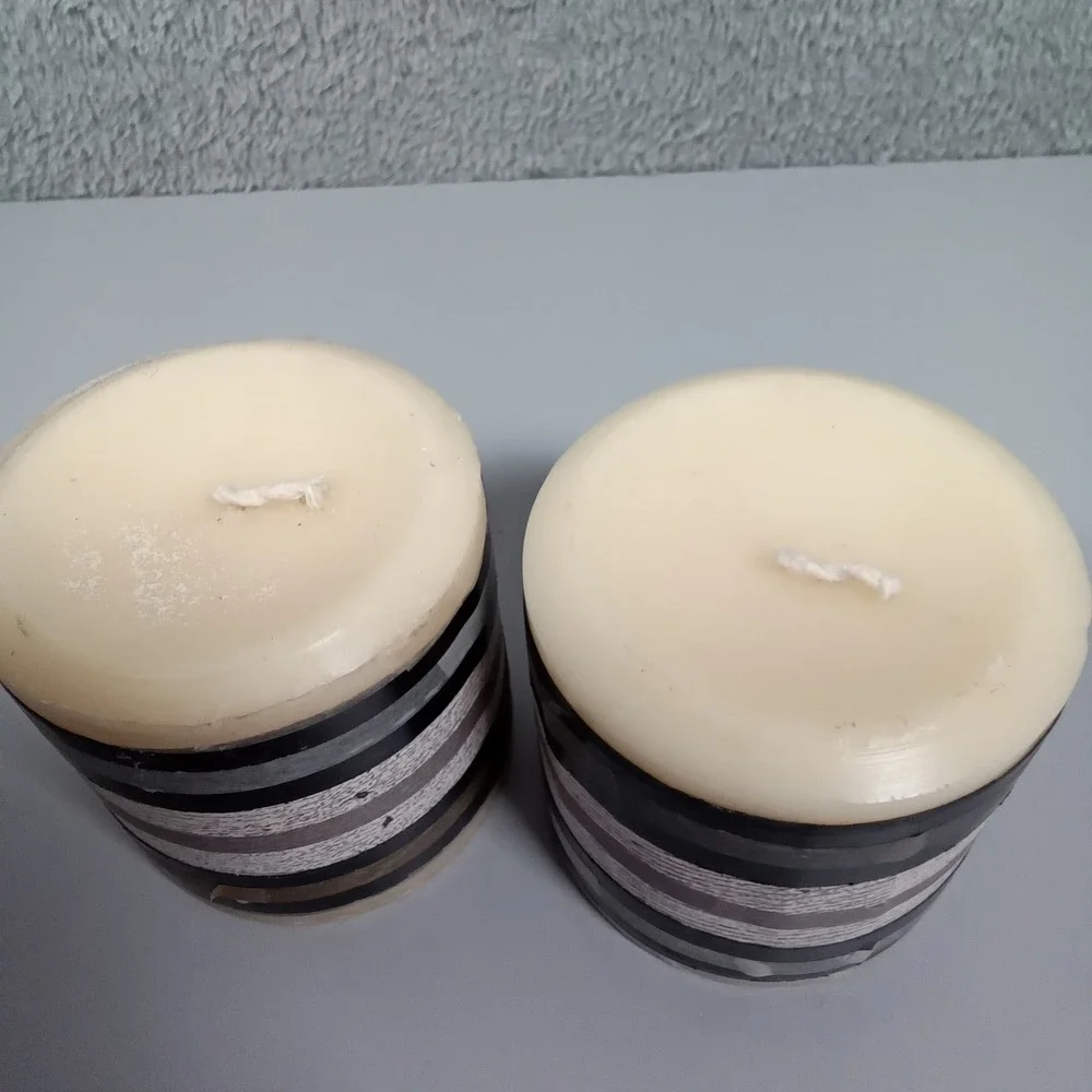 Set of 2 Modern Striped‎ Pillar Candles Black Grey White Tan Neutral Decor 3x3